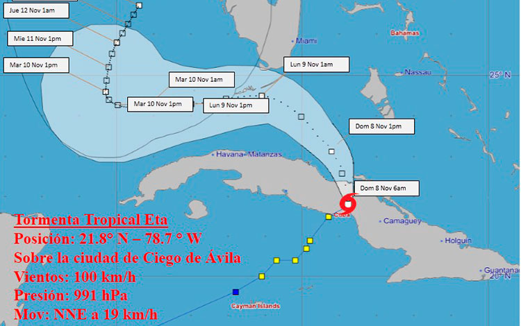 Cono de trayectoria de la tormenta tropical Eta a las 6:00 de la mañana del 9 de noviembre de 2020.