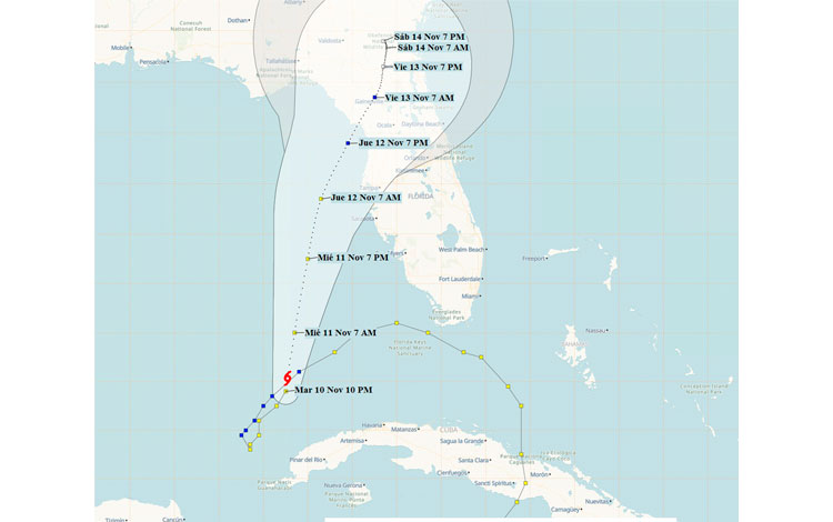 Cono de trayectoria de la tormenta tropical Eta a las 12:01 a. m. del 11 de noviembre de 2020.