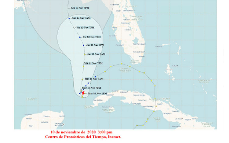 Cono de trayectoria de la tormenta tropical Eta a las 9:00 de la noche del 10 de noviembre de 2020.