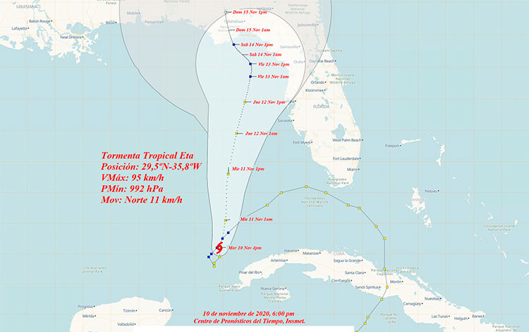 Cono de trayectoria de la tormenta tropical Eta a las 6:00 de la tarde del 10 de noviembre de 2020.