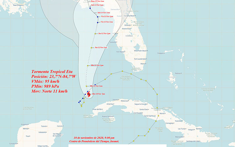 Cono de trayectoria de la tormenta tropical Eta a las 9:00 de la noche del 10 de noviembre de 2020.