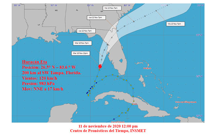 Cono de trayectoria del huracán Eta a las 12 :00 del mediodía del 11 de noviembre de 2020.