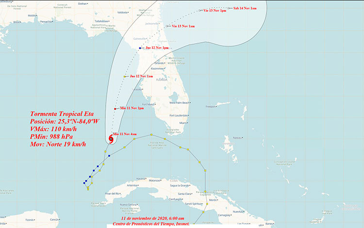 Cono de trayectoria del huracán Eta, a las 6:00 de la mañana del 11 denoviembre  de 2020.