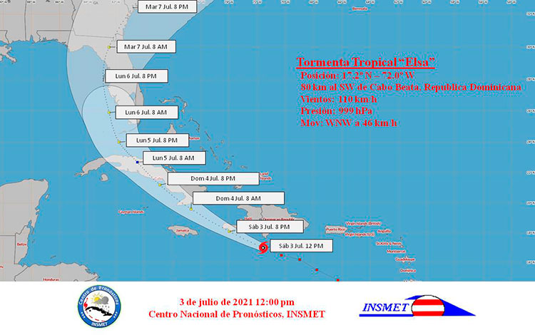 Cono de trayectoria de la tormenta tropical Elsa, a las 12:00 m. del 3 de julio de 2021.