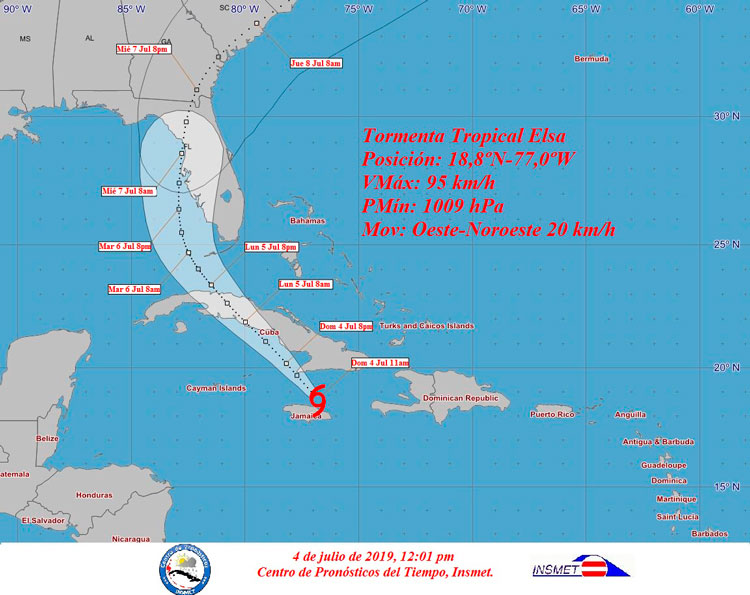Cono de trayectoria de la tormenta tropical Elsa a las 12:00 m. del 4 de julio de 2021.