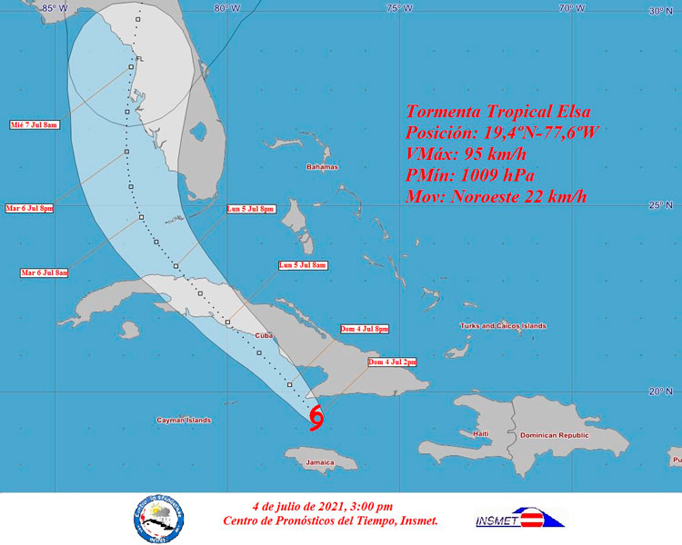 Cono de trayectoria de la tormenta tropical Elsa a las 3:00 p.m. del 4 de julio de 2021.