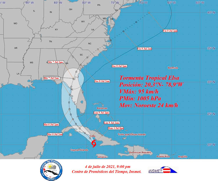 Cono de trayectoria de la tormenta tropical Elsa, a las 6:00 p.m. del 3 de julio de 2021.