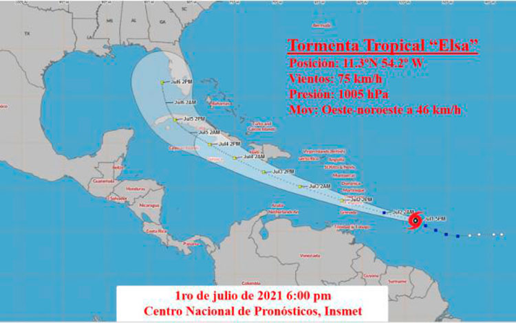 Cono de trayectoria de la tormenta tropical Elsa, a las 6:00 p.m. del 1 de julio de 2021.