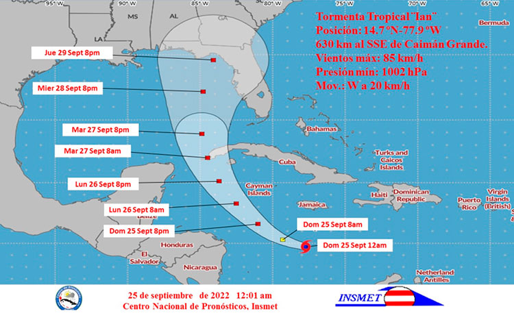 Cono de la tormenta tropical Ian, el 25 de septiembre a las 12:01 a. m.