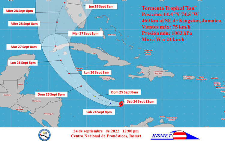 Posición y cono de posible trayectoria de la tormenta tropical Ian, a las 12:00 del 24 de septiembre de 2022.