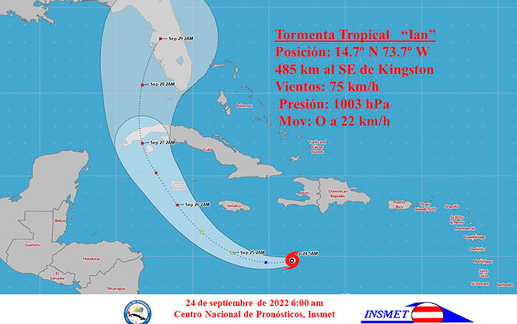 Cono de trayectoria de la tormenta tropical Ian, a las 6:00 de la mañana del 24 de septiembre de 2022.