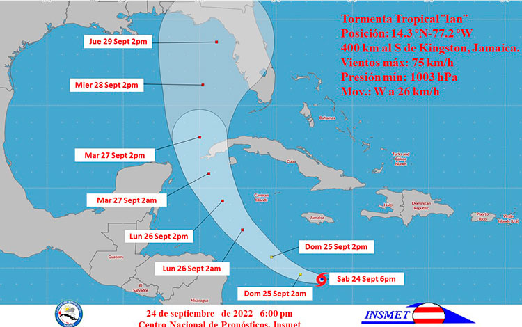 Cono de trayectoria de la tormenta tropical Ian, a las 6:00 p.m. del 24 de septiembre de 2022.