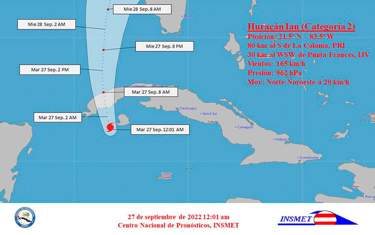 Cono de trayectoria del huracán Ian, 12:01 a. m. del 27 de septiembre de 2022.