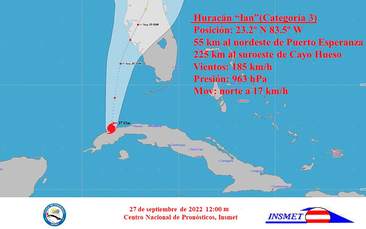 Cono de trayectoria del huracán Ian, 12:01 m. del 27 de septiembre de 2022.