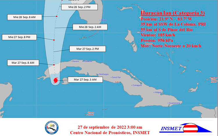 Cono de trayectoria del huracán Ian, 3:01 a. m. del 27 de septiembre de 2022.