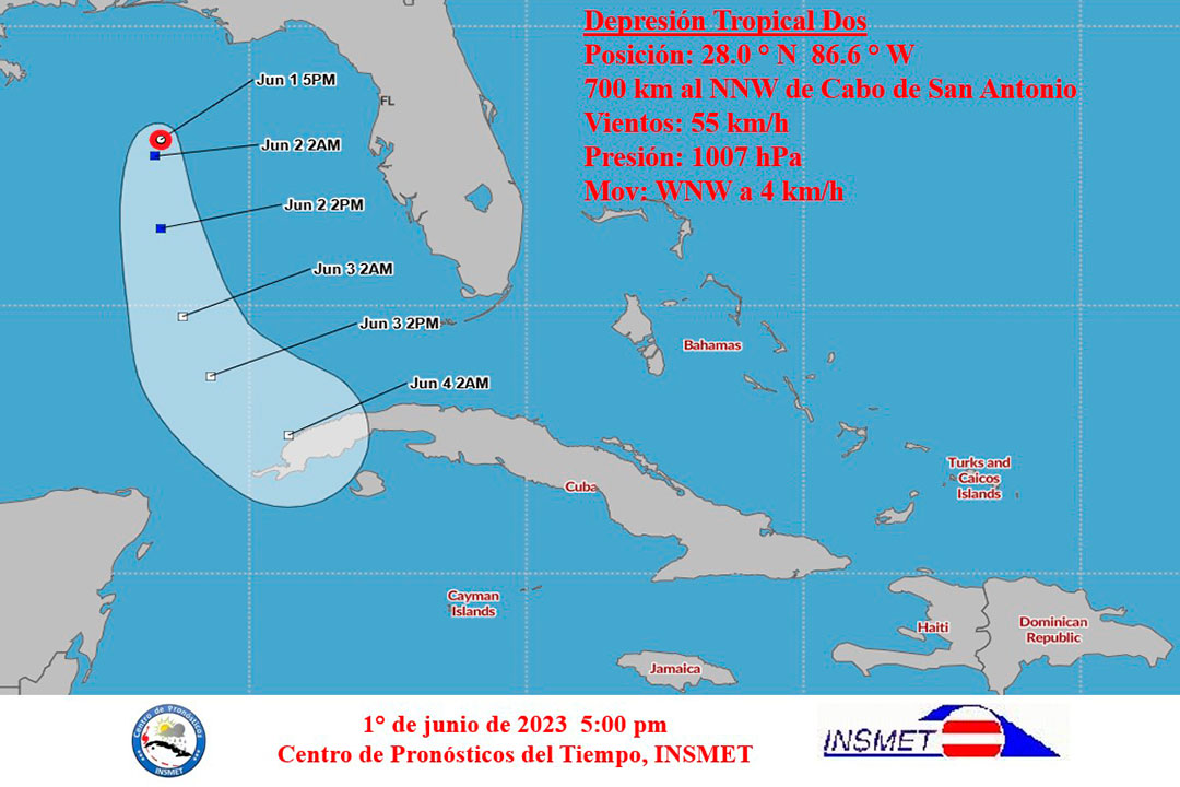 Cono de la depresión tropical dos, a las 5:00 p. m. del 1.o de junio de 2023.