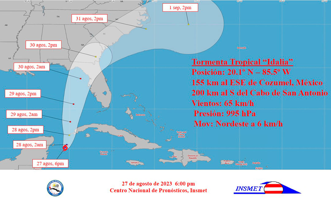 Cono de trayectoria de la tormenta tropical Idalia, a las 6:00 p. m. del 27 de agosto de 2023.