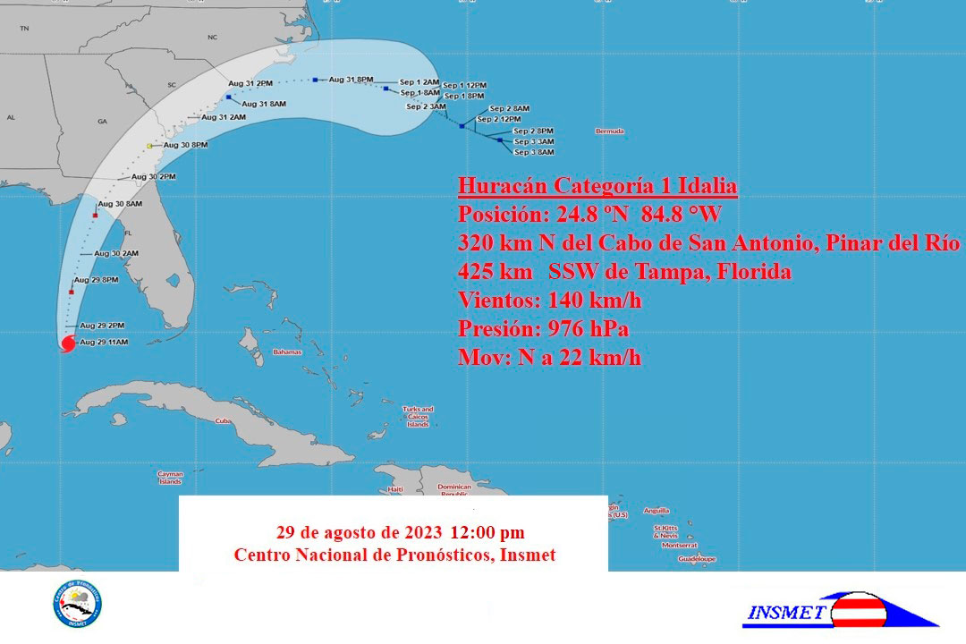 Cono de trayectoria del huracán Idalia, a las 12:00 m. del 29 de agosto de 2023.