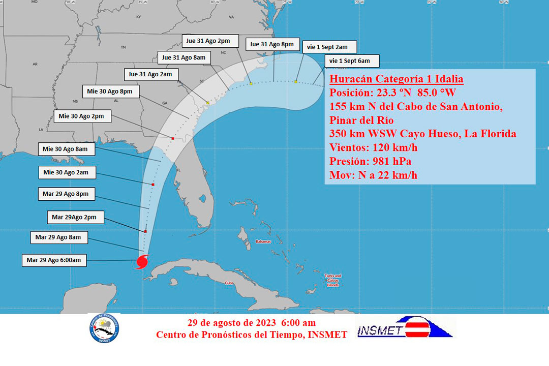 Cono de trayectoria del huracán Idalia, a las 6:00 a.m. del 29 de agosto de 2023.