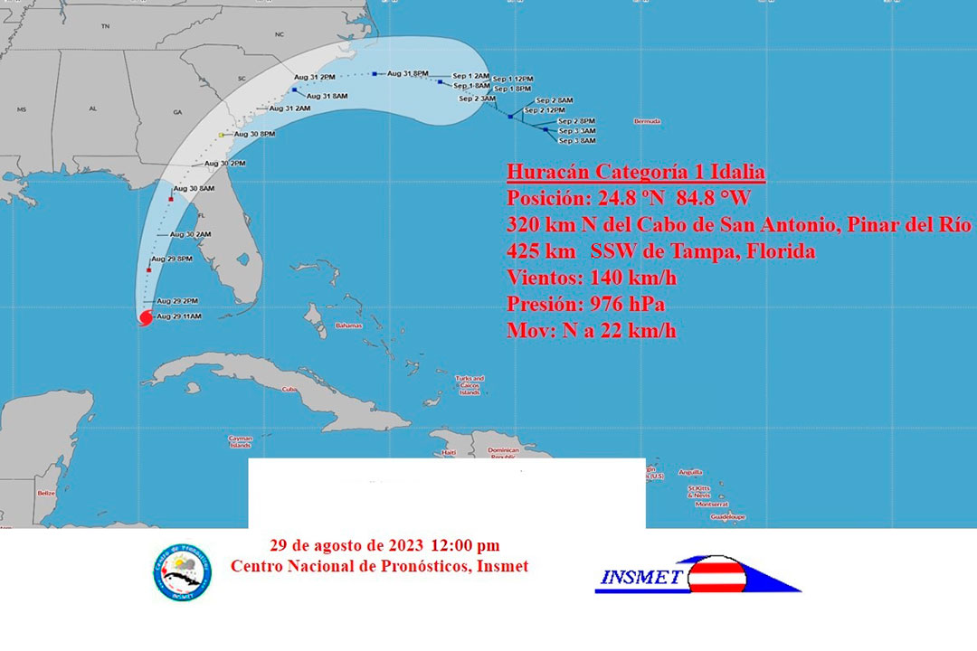 Cono de trayectoria del huracán Idalia, a las 6:00 p. m. del 29 de agosto de 2023.