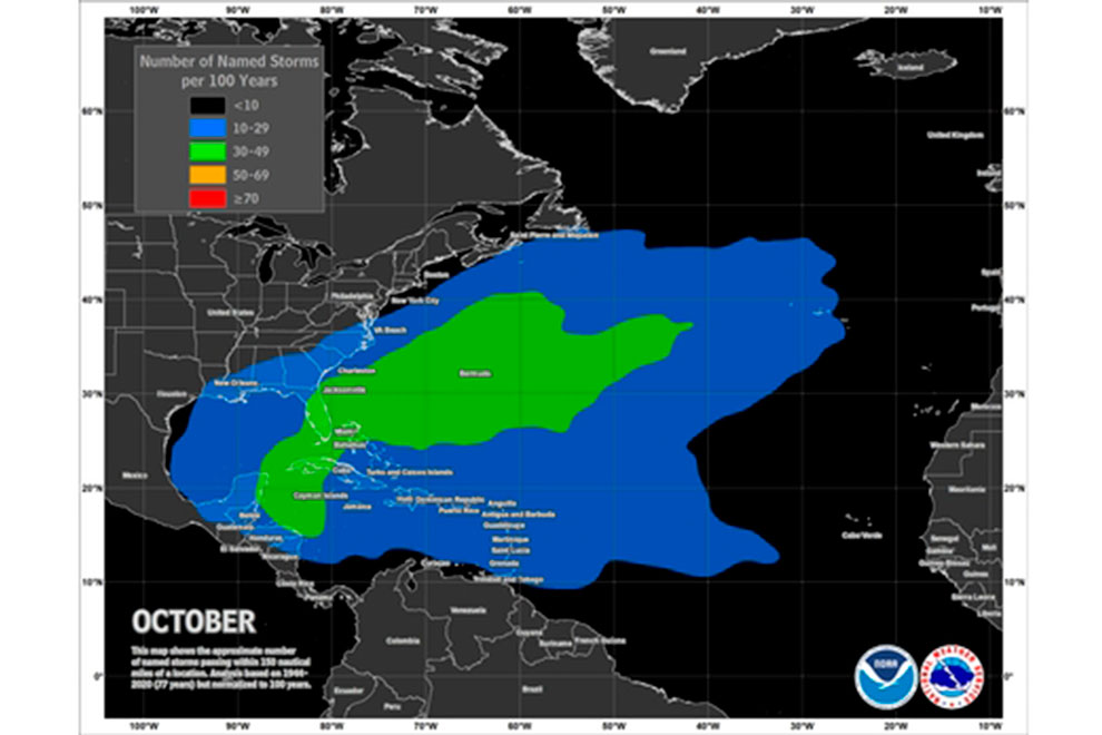 Áreas de formación de huracanes en octubre en la zona geográfica de Cuba..