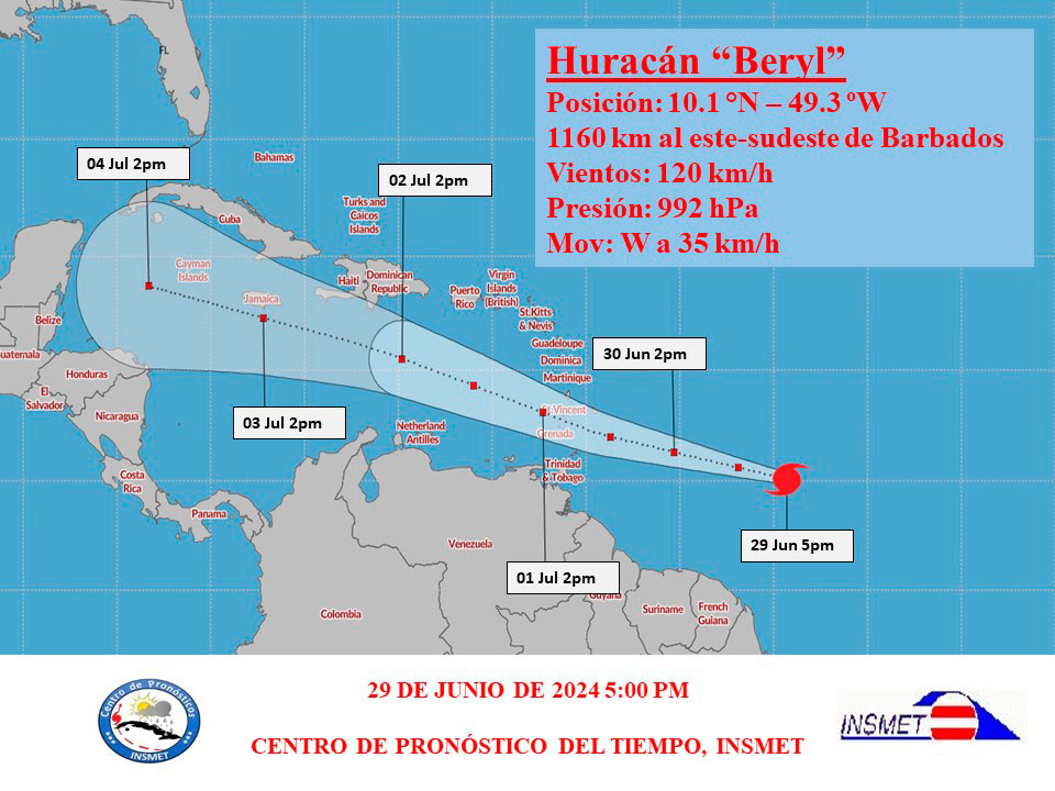 Cono de trayectoria del huracán Beryl a las 5:00 de la tarde del sábado 29 de junio de 2024.