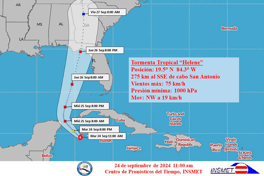 Cono de trayectoria de la tormenta tropical Helene, el 24 de septiembre de 2024, a las 11:00 de la mañana.