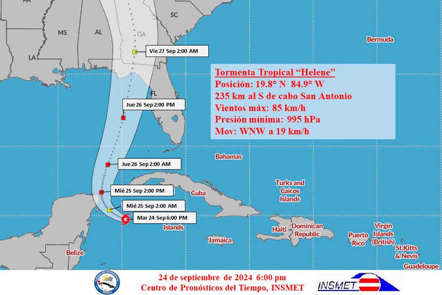 Cono de trayectoria de la tormenta tropical Helene, el 24 de septiembre de 2024, a las 6:00 de la tarde.