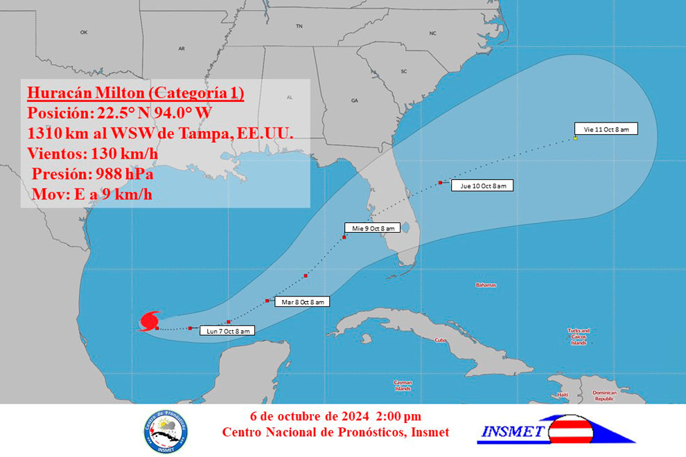 Cono de trayectoria del huracán Milton, el 6 de octubre de 2024, a las 2:00 p. m.