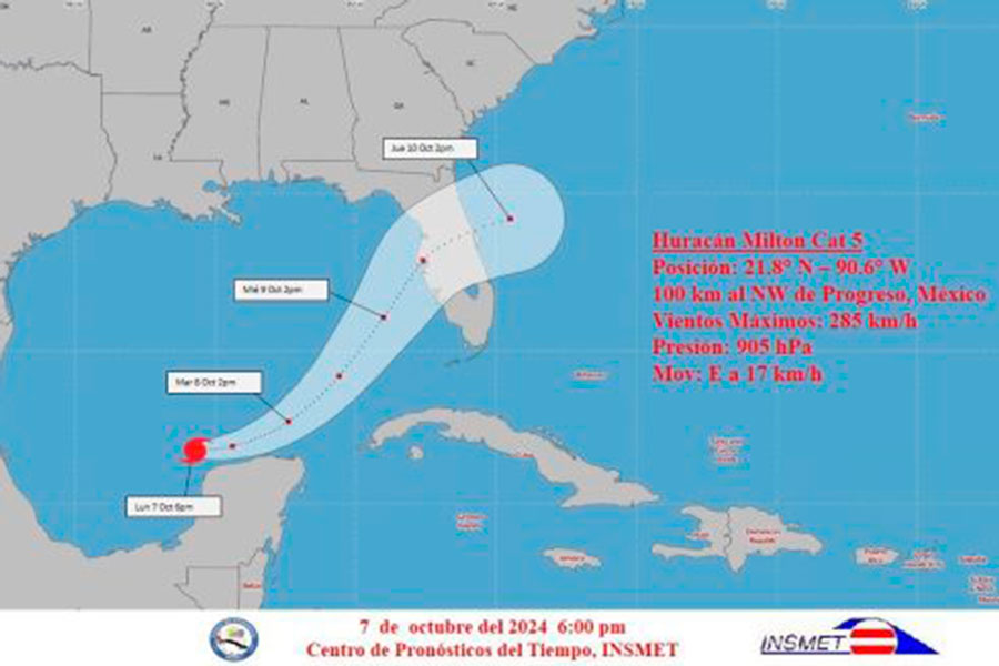 Cono de trayectoria del huracán Milton, el 7 de octubre de 2024, a las 6:00 p. m.