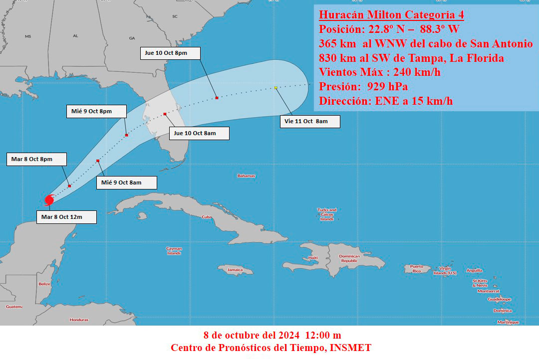 Cono del huracán Milton a las 12 m. del 8 de octubre de 2024.