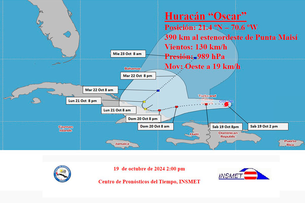 Cono de trayectoria del huracán Oscar el sábado 19 de octubre de 2024.