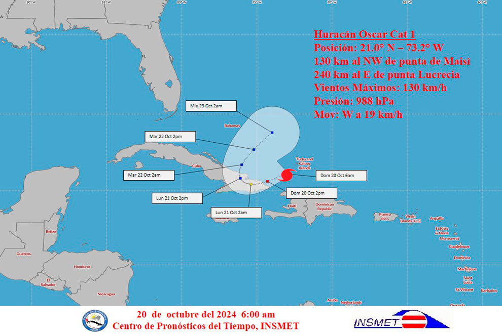 Cono de trayectoria del huracán Oscar a las seis de la mañana del domingo 20 de octubre de 2024.