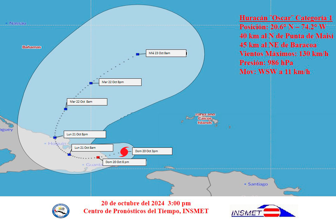 Cono del huracán Oscar a las 3:00 p. m.