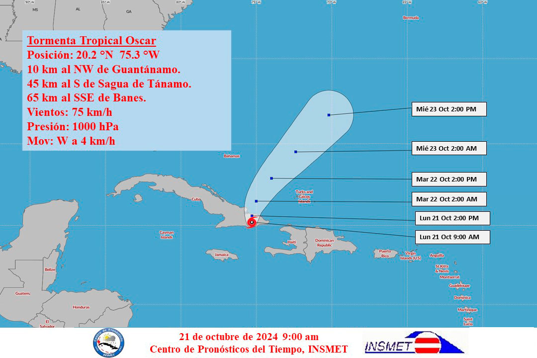 Cono de la tormenta tropical Oscar el lunes 21 de octubre a las 9:00 de la mañana.