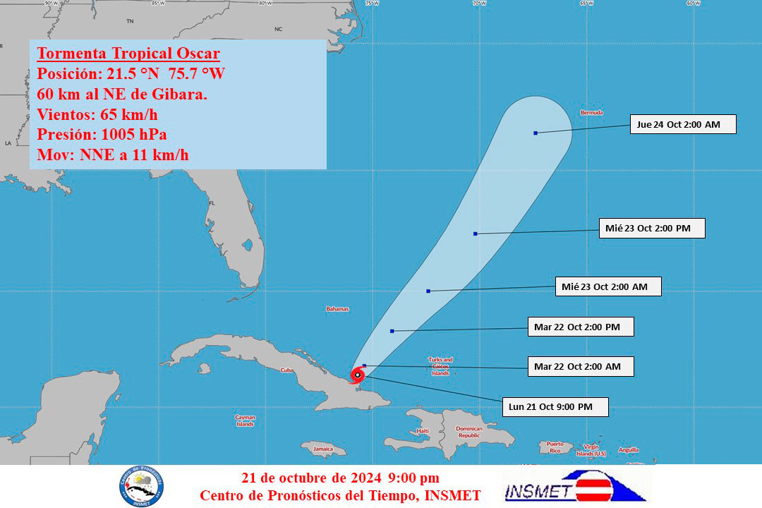 Cono de trayectoria de la tormenta tropical Oscar a las 9:00 de la noche del 21 de octubre de 2024.