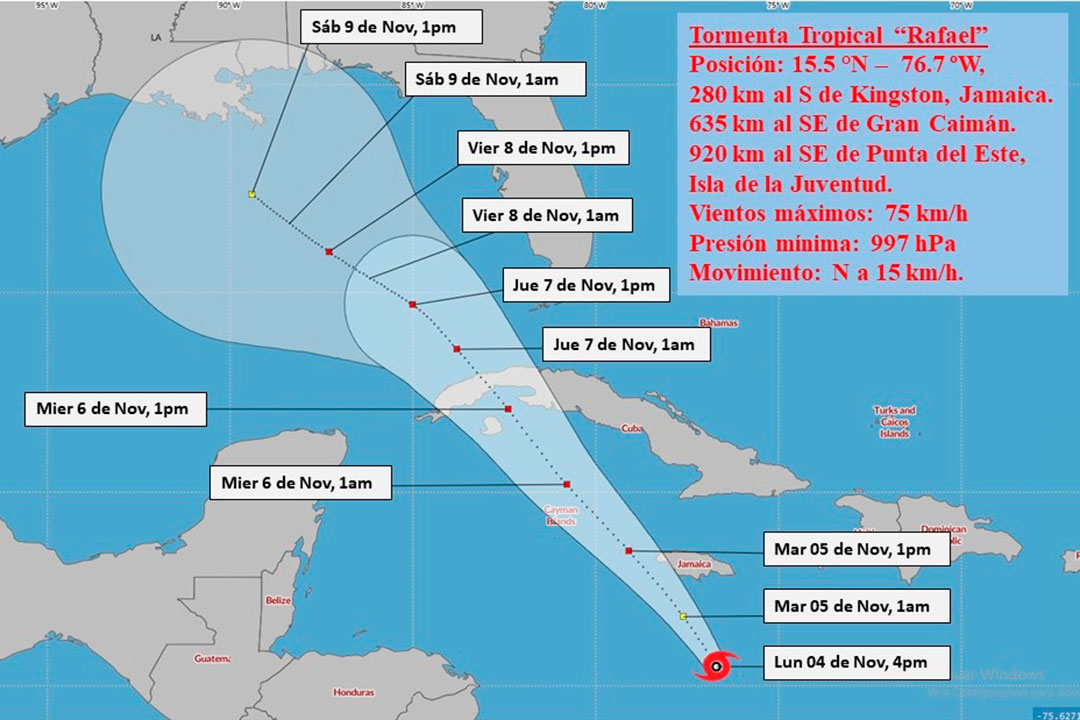 Mapa de trayectoria de la tormenta tropical Rafael, a las 12:01 a. m.  del 5 de noviembre de 2024.