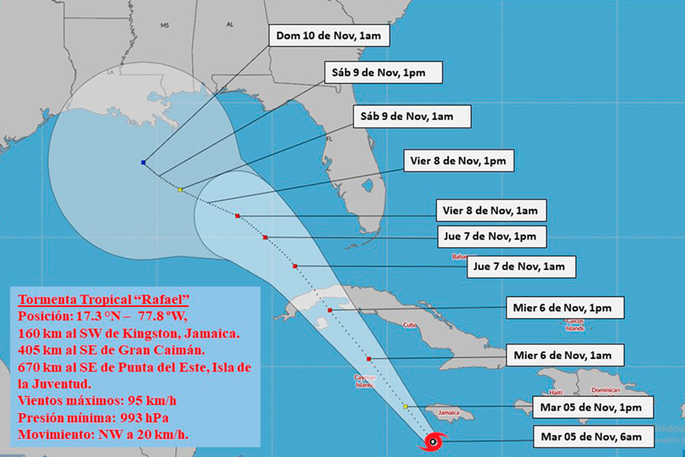 Cono de trayectoria de la tormenta tropica Rafael a las 6:00 de la mañana del 5 de noviembre de 2024.