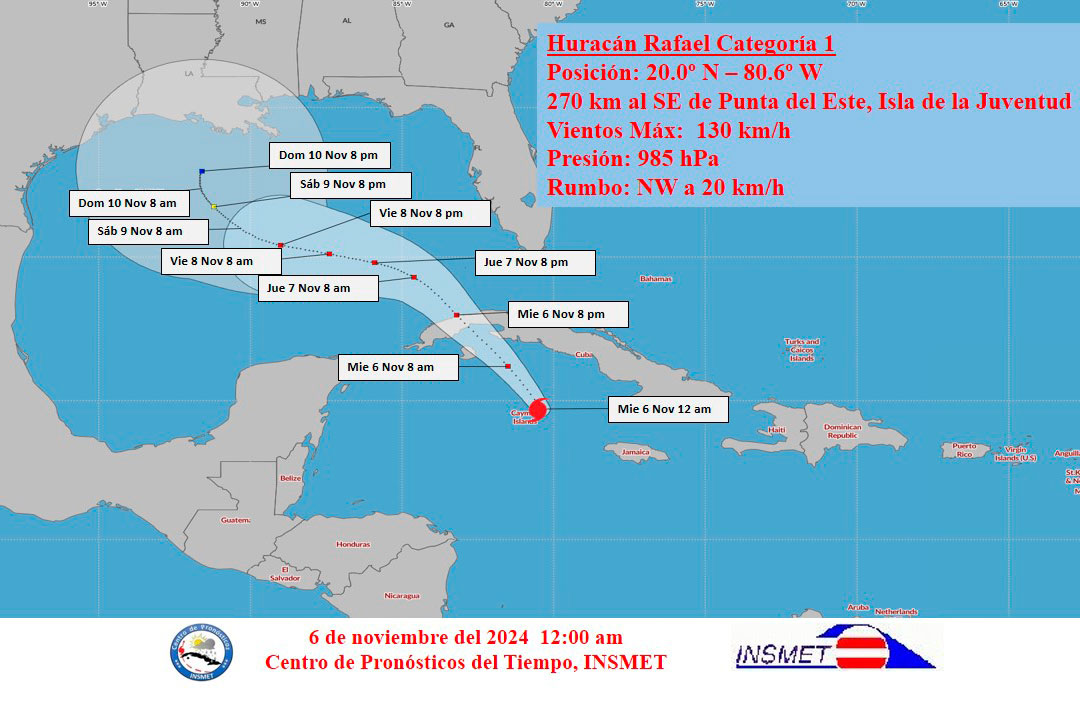 Cono de trayectoria del huracán Rafael, el 6 de noviembre de 2024, a las 12:00 a. m.