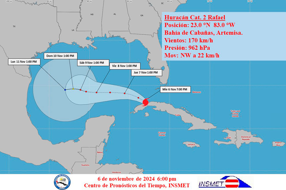 Cono de trayectoria del huracán Rafael a las 9:00 de la noche del 6 de noviembre de 2024.