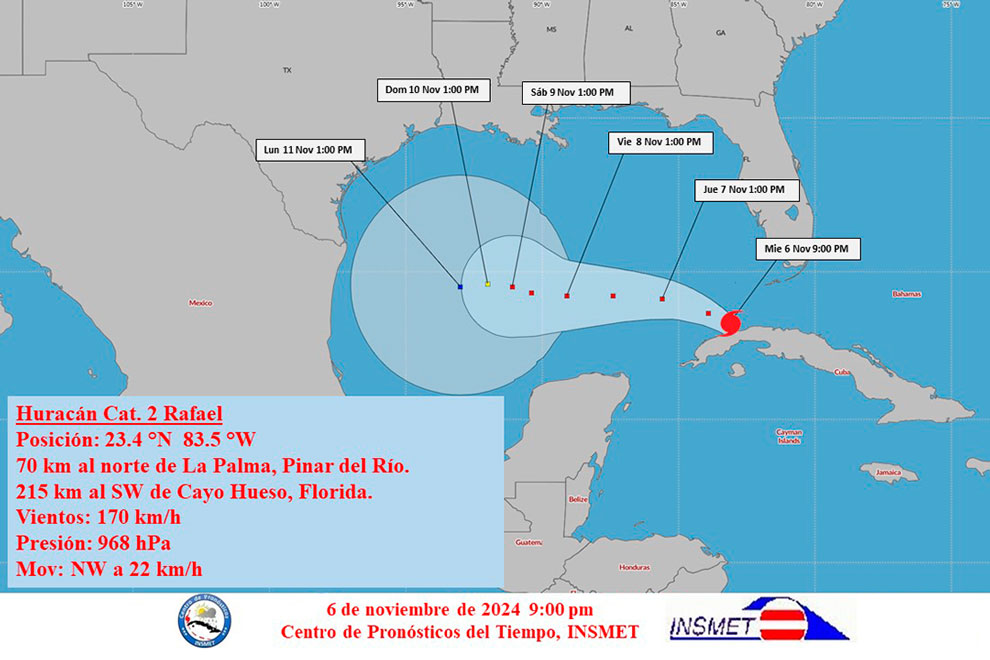 Cono de trayectoria del huracán Rafael el 7 de noviembre de 2024 a las 12:00 a. m.