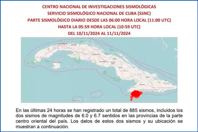 Mapa y reporte sobre actividad sísmica en Cuba durante las últimas 24 horas, desde el domingo 10 de noviembre de 2024.