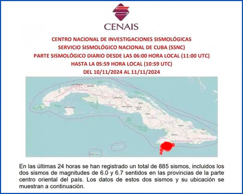 Mapa y reporte sobre actividad sísmica en Cuba durante las últimas 24 horas, desde el domingo 10 de noviembre de 2024.