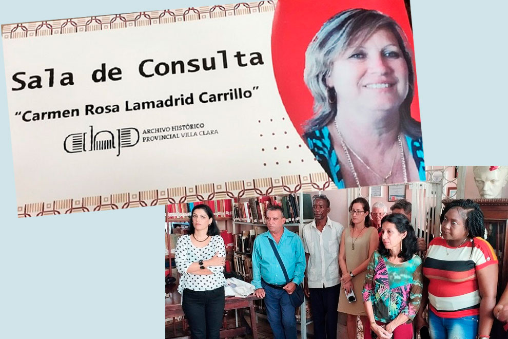 Identificación y momento de inauguración de la Sala de Consulta Carmen Rosa Lamadrid, del Archivo Histórico Provincial de Villa Clara.