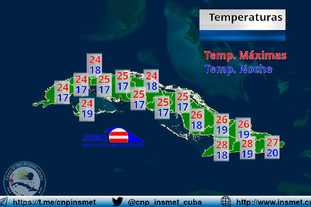 Mapa de temperaturas en Cuba correspondiente al domingo 5 de enero de 2025. 