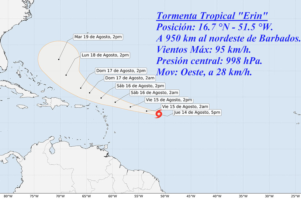 Cono de trayectoria del huracán Erin, el 15 de agosto de 2025, a las 11:00 a. m.