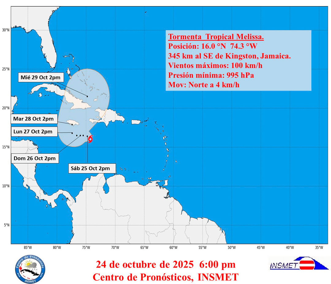 Cono de trayectoria de la tormenta tropical Melissa, a las 6:00 p. m. del 24 de octubre de 2025.
