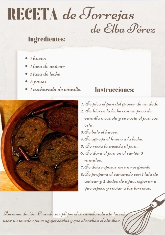 Receta de cocina de Elba Pérez.