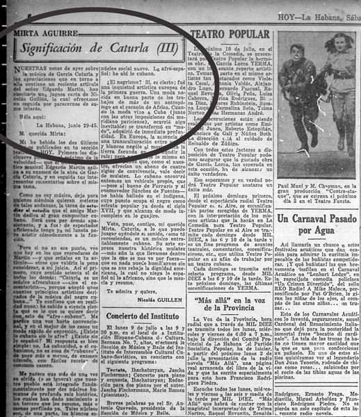 Carta de Guillén a la redactora de Noticias de Hoy, el periódico habanero. El texto aclara conceptos relacionados con el sentido cubano de la música de Caturla. (Fotocopia Luis Machado Ordetx).