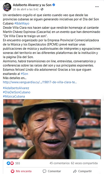 Publicación de Adalberto í„lvarez en su página de Facebook en la que elogia el homenaje de Villa Clara al son.